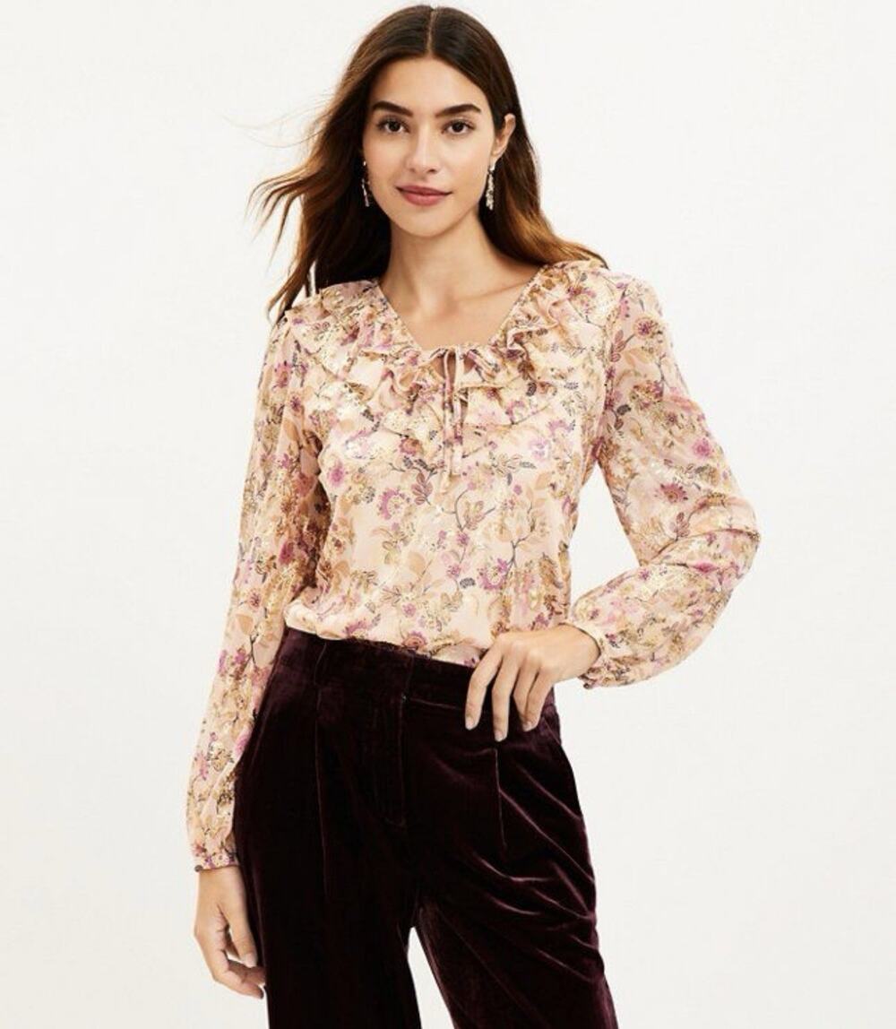 LOFT Pink Gold Long Sleeve Shimmer Ruffle Top XS NWT